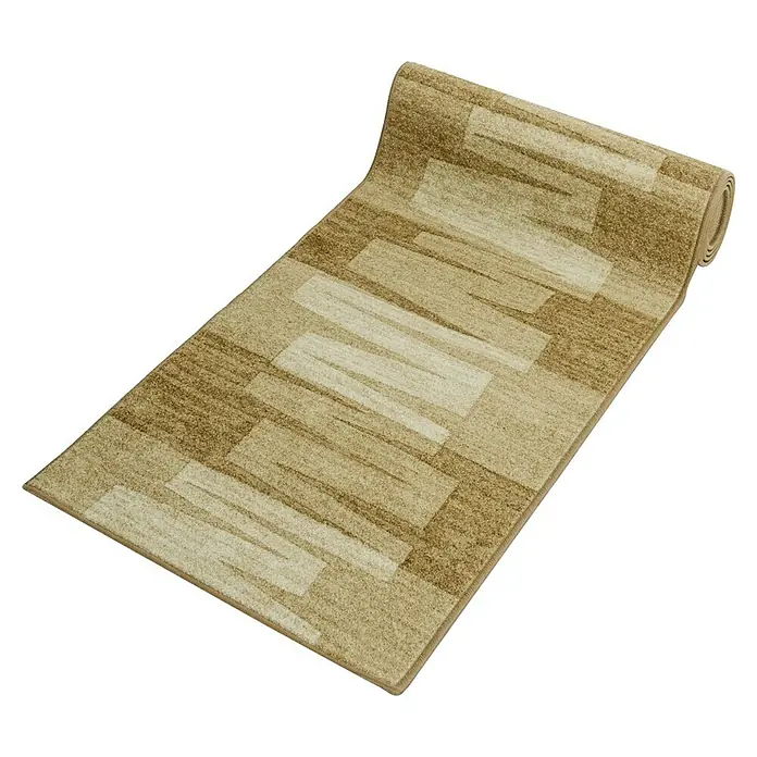 Kurzflorteppich Via Veneto - Beige, 450 x 80 cm, 100 % Polyamid - Ein aufgerollter Teppich mit einem modernen geometrischen Muster in Beige- und Brauntönen. Ideal für Flur oder Wohnzimmer.