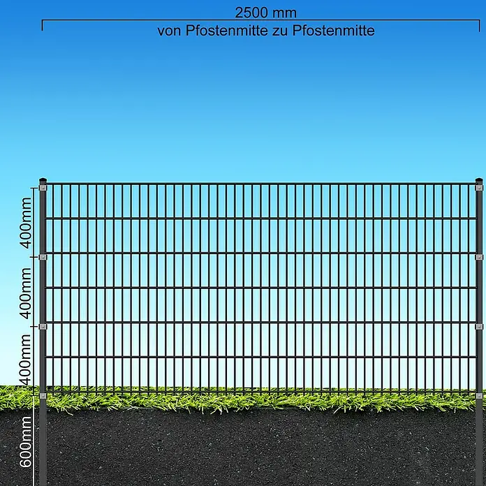 FA-Bausysteme Eckpfosten Klemmplatte - Höhe: 180 cm, Anthrazit, Stahl, Passend für: Doppelstabzaun mit 1230 mm Höhe - Zaunansicht mit den Maßen 2500mm von Pfostenmitte zu Pfostenmitte und Pfostenhöhe 600mm im Boden.