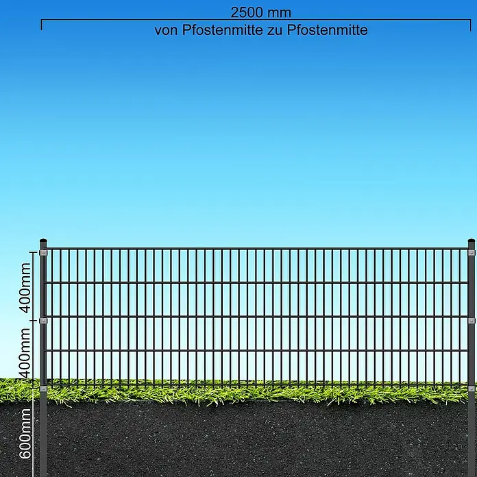 FA-Bausysteme Eckpfosten Klemmplatte - Höhe: 140 cm, Zink, Stahl, Passend für: Doppelstabzaun mit 830 mm Höhe - Illustration eines Doppelstabmattenzauns mit Maßangaben von Pfostenmitte zu Pfostenmitte und Höhenangaben.