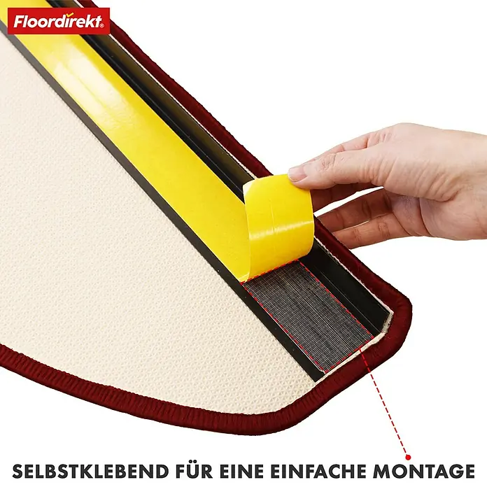 Stufenmatte Veneto - 65 x 23,5 cm, Rot, Halbrund - Selbstklebende Treppenmatte mit rotem Rand und gelber Schutzfolie für einfache Montage.