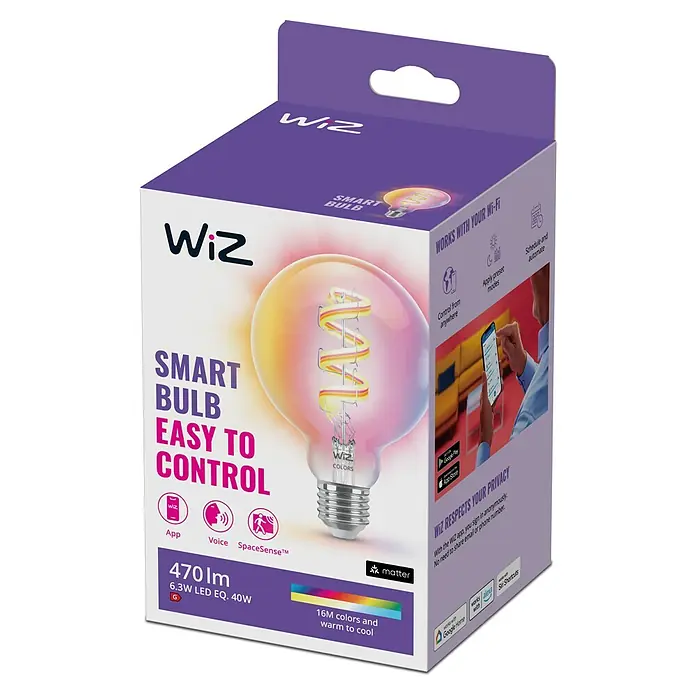 Philips Wiz Smart-LED-Lampe - E27, Dimmbar, RGBW, 470 lm, 6,3 W, 1 Stk., G95 - Nahaufnahme der Verpackung einer intelligenten Wiz-Glühbirne mit Farbwechsel und verschiedenen Funktionen.