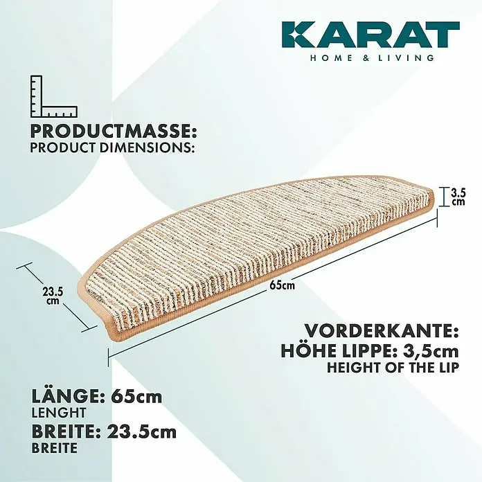 Stufenmatte Geneva - 65 x 23,5 cm, Beige, Halbrund - Nahaufnahme einer Treppenstufe von Karat Home & Living mit Angabe der Produktmaße.