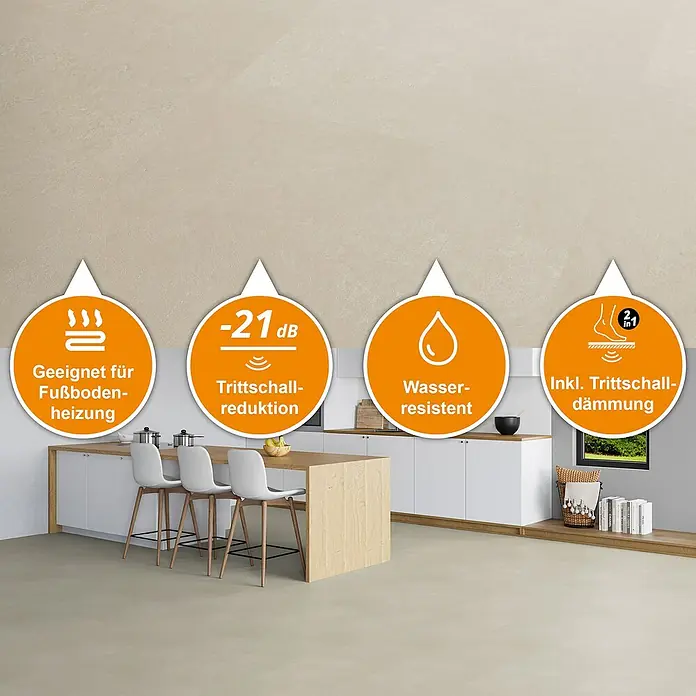 b!design Vinylboden SPC - Avelino, Fliese, 800 x 400 x 6,5 mm - Bild einer Bodenlösung, die für Fußbodenheizung geeignet, wasserabweisend und trittschalldämmend ist und eine Trittschallreduzierung von -21 dB bietet.