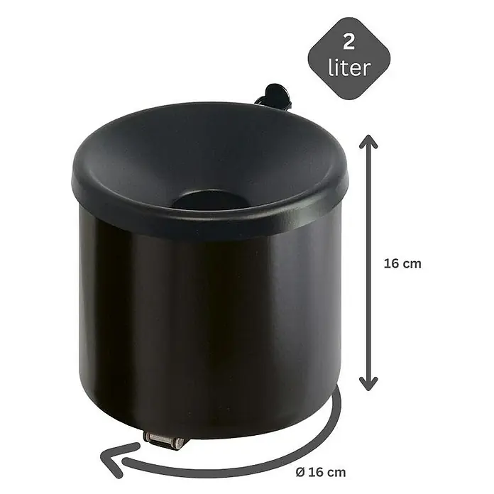 Proregal Asche-Mülleimer Rund feulöschend Wandaschenbecher - 2 l, Metall, Schwarz mit schwarzem Deckel - Bild einer schwarzen Tretmülleimer mit einem Fassungsvermögen von 2 Litern und den Maßen 16 cm Höhe und 16 cm Durchmesser.