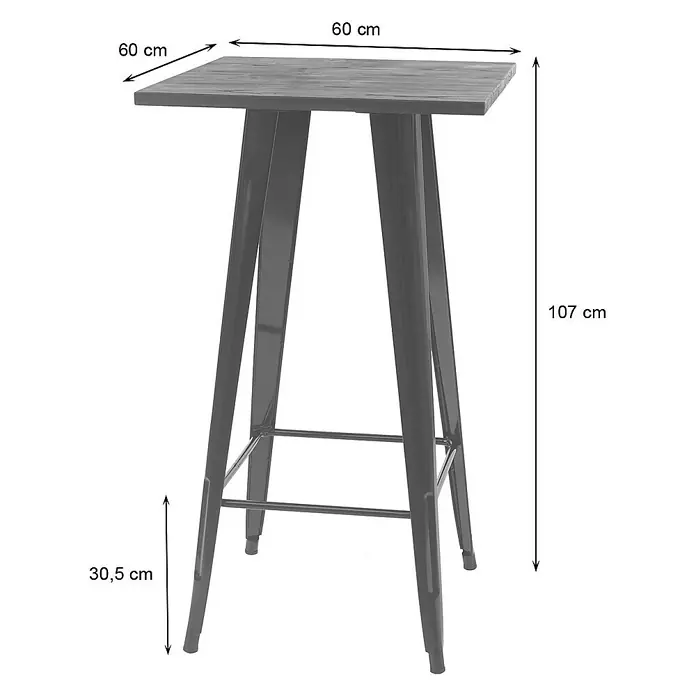 Chefgastro Garten-Stehtisch mit Holz-Tischplatte - L x B x H: 60 x 60 x 107 cm, Eckig, Grau - Abbildung eines Barhockers mit quadratischer Sitzfläche und Metallgestell, Höhe 107 cm, Sitzfläche 60x60 cm.