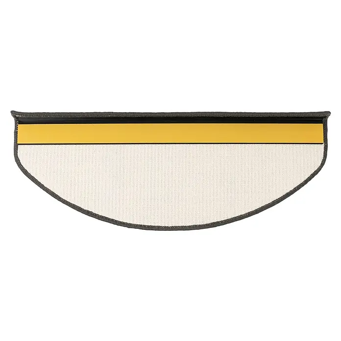 Stufenmatte Premium - 65 x 23,5 cm, 100 % Sisal, Grau - Nahaufnahme eines halbkreisförmigen weißen Staubwedels mit gelbem Klebestreifen und schwarzem Rand zur Reinigung von Oberflächen.