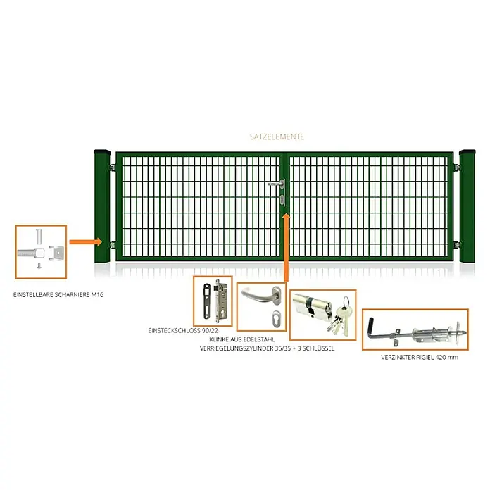 FA-Bausysteme Zauntor Vollrahmen - 5,5 x 1,6 m, Stahl, Moosgrün, 2-Flügel - Satzbestandteile eines grünen Metallzauns, einschließlich verstellbarer Scharniere, Schloss, Edelstahlgriff, Schließzylinder und verzinkeltem Riegel.