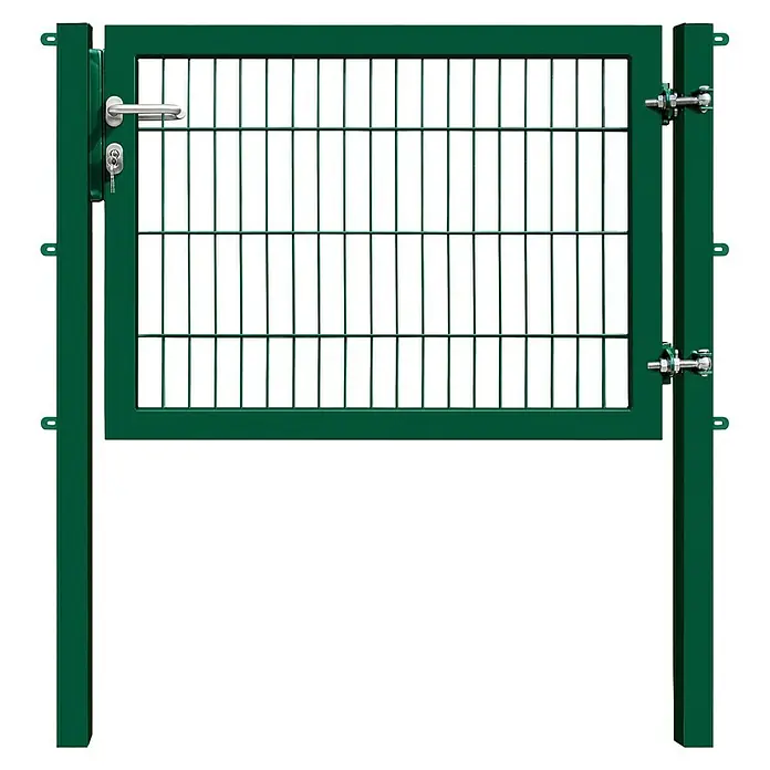 FA-Bausysteme Zauntor Industrietor - 1,2 x 0,8 m, Stahl, Moosgrün, 1-Flügel, Drahtstärke 6/5/6 mm - Ein grünes Gartentor mit einem Maschendraht-Einsatz im oberen Bereich, das Sicherheit und Zugänglichkeit für Ihren Außenbereich bietet.