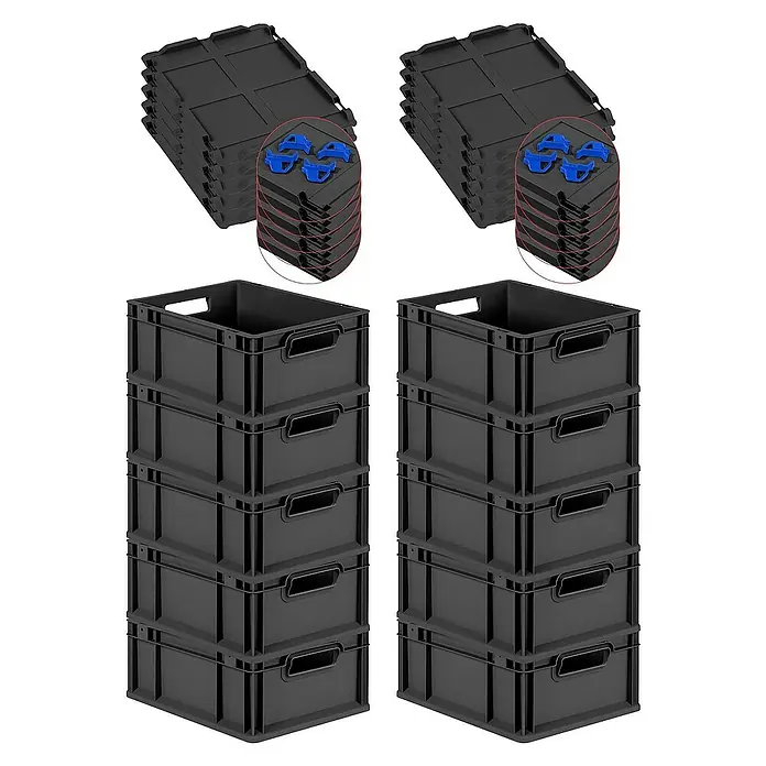 Proregal Euroboxen-Set 10x Eurobox NextGen Grip mit Auflagedeckel inkl. 4 blauen Verschlüssen - L x B x H: 40 x 30 x 17 cm, Kunststoff, Schwarz, 10 Stk. - Bild von zwei Stapeln schwarzer Kunststoffboxen und zwei Stapeln mit Deckeln und blauen Befestigungen.