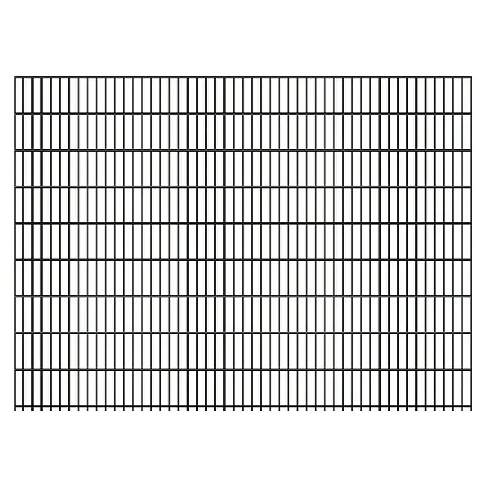 FA-Bausysteme Mattenzaun 6/5/6 mm - 250,8 x 180 cm, Anthrazit - Detaillierte Ansicht eines schwarzen Metallgitters mit rechteckigen Öffnungen, das ein regelmäßiges Muster bildet. Die Textur betont industrielle Ästhetik.