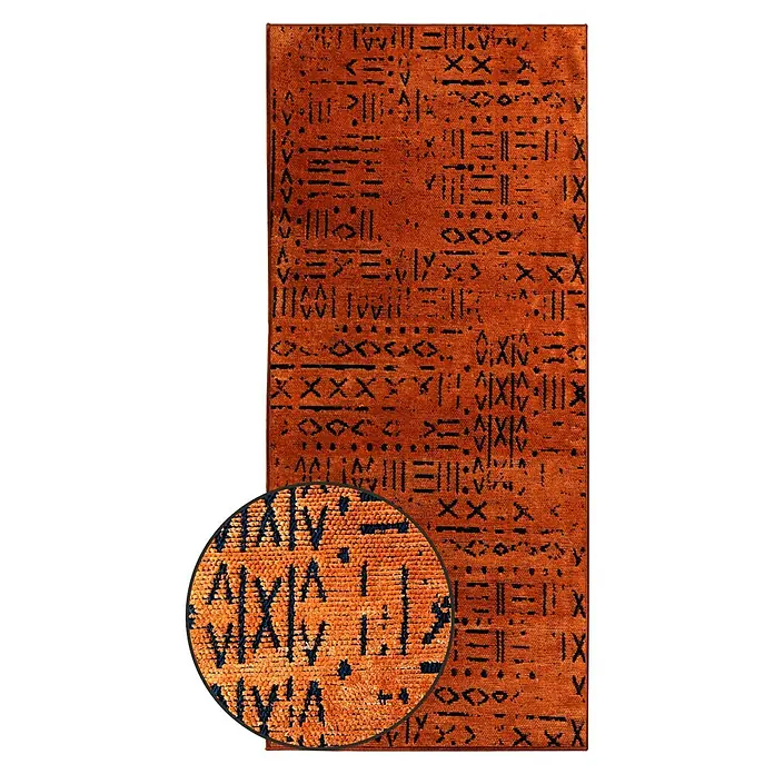 Teppichläufer Vena - Terra, 100 x 80 cm, 65 % Baumwolle, 35 % Polyester - Abstrakt gemusterter Berberteppich in Orange und Schwarz mit einzigartigen Textilmusterdetails.