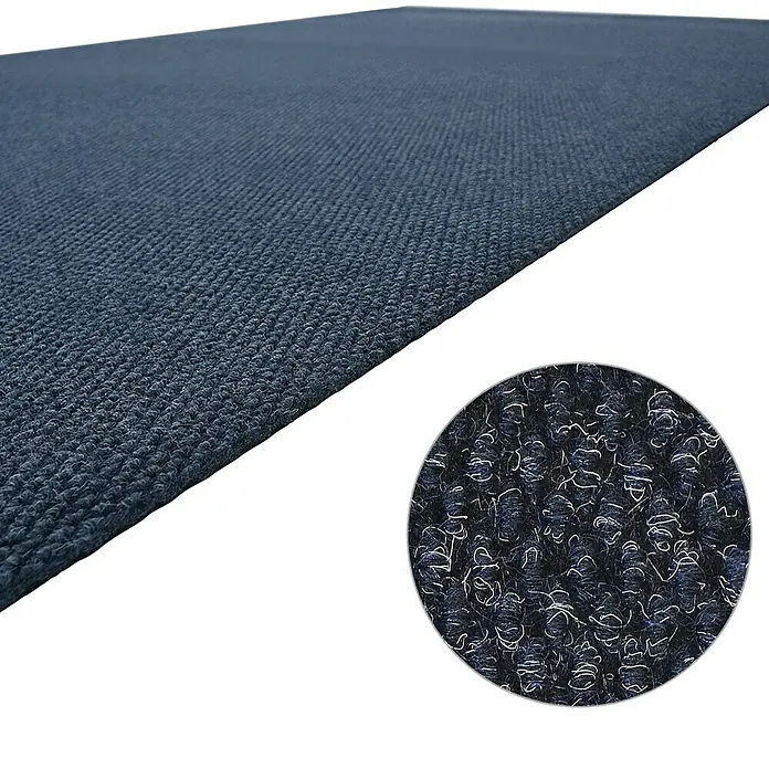 Schmutzfangmatte Hong Kong - Blau, 1.100 x 200 cm, 100 % Polypropylen - Nahaufnahme eines robusten, dunkelblauen Teppichs mit einer vergrößerten Detailansicht der Textur.