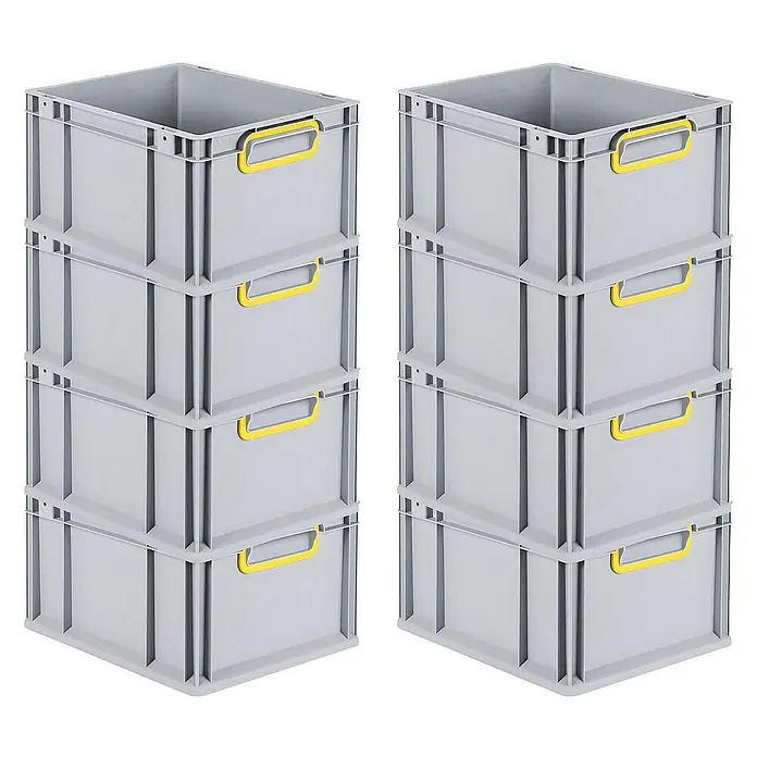 Proregal Euroboxen-Set 8x Eurobox NextGen Color - L x B x H: 40 x 30 x 22 cm, Kunststoff, Grau, Gelb, 8 Stk. - Zwei Stapel grauer Kunststoffbehälter mit gelben Griffen, die sich ideal für Lagerung und Organisation eignen.
