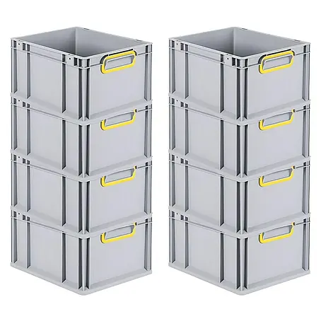 SuperSparSet 8x Eurobox NextGen Color | HxBxT 22x30x40cm | 20 Liter | Griffe gelb geschlossen | Glatter Boden | Grau | Eurobehälter, Transportbox, Transportbehälter, Stapelbehälter
