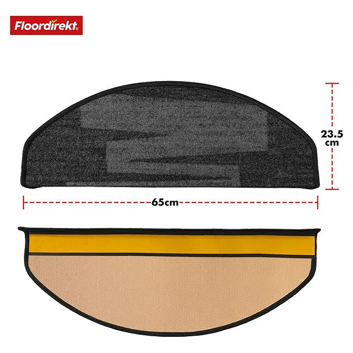 Stufenmatte Veneto - 65 x 23,5 cm, Schwarz, Halbrund - Produktabbildung mit Maßangaben: Halbmondförmige Stufenmatte in Grau und Beige mit schwarzem Rand, Maße: 65cm Breite, 23,5cm Höhe.
