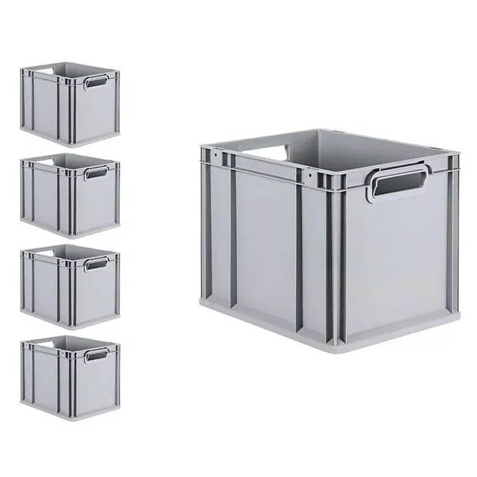Proregal Euroboxen-Set 5x Eurobox NextGen Economy mit Scharnierdeckel und schwarzen Verschlüssen - L x B x H: 40 x 30 x 32 cm, Kunststoff, Grau, 5 Stk. - Mehrere graue Lagerbehälter aus Kunststoff, gestapelt und nebeneinander angeordnet. Ideal für Ordnung und Lagerung.