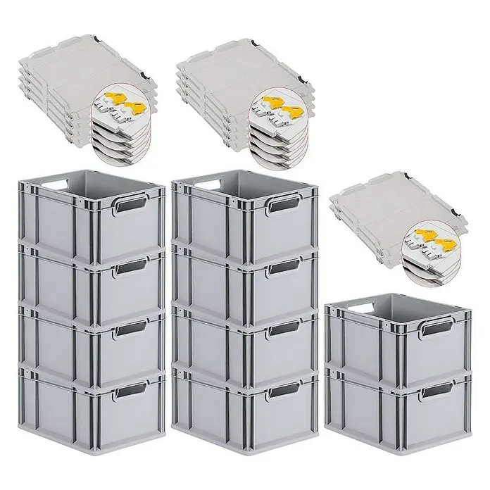 SuperSparSet 10x Eurobox NextGen Grip mit Scharnierdeckel und gelben Schiebeschnappverschlüssen | HxBxT 22x30x40cm | 20 Liter | Grau | Griffe offen | Glatter Boden | Eurobehälter, Transportbox, Transportbehälter, Stapelbehälter -  - Stapelbare Eurobehälter aus Kunststoff mit Deckeln. Ideal für Lagerung und Transport, robust und platzsparend.