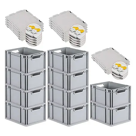 SuperSparSet 10x Eurobox NextGen Grip mit Scharnierdeckel und gelben Schiebeschnappverschlüssen | HxBxT 22x30x40cm | 20 Liter | Grau | Griffe offen | Glatter Boden | Eurobehälter, Transportbox, Transportbehälter, Stapelbehälter
