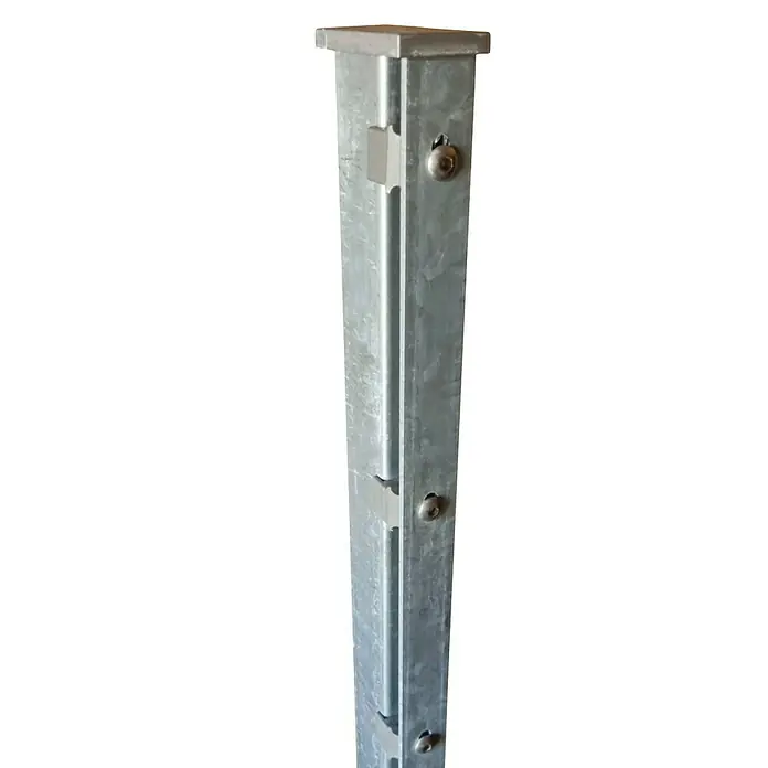 FA-Bausysteme Eckpfosten Abdeckleiste - Höhe: 180 cm, Zink, Stahl, Passend für: Doppelstabzaun mit 1230 mm Höhe - Detailaufnahme eines Metallzauns mit Pfosten und horizontalen Stäben, befestigt mit Schrauben.