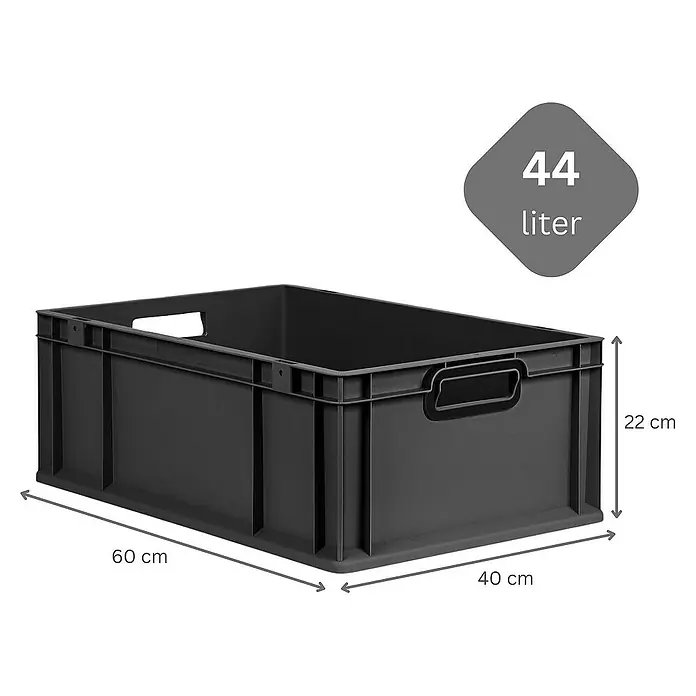 SparSet 10x Eurobox NextGen Color mit Auflagedeckel und Schiebeschnappverschlüsse | HxBxT 22x40x60cm | 44 Liter | Schwarz | Griffe schwarz offen | Verstärkter Boden | Eurobehälter, Transportbox, Transportbehälter, Stapelbehälter -  - Graue 44-Liter-Kunststoffbox mit Griffen und Maßangaben für Länge, Breite und Höhe.