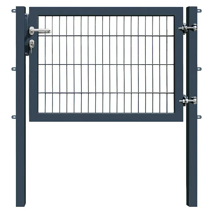 FA-Bausysteme Zauntor Industrietor - 1,2 x 0,8 m, Stahl, Anthrazit, 1-Flügel, Drahtstärke 8/6/8 mm - Ein graues Metalltor mit Gitteroberteil und stabilem Schloss, ideal für Sicherheit und Schutz.