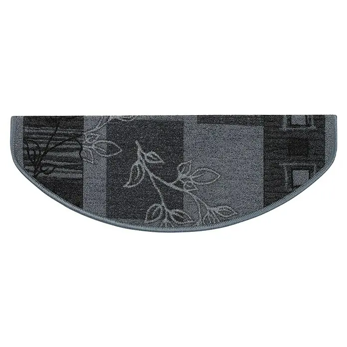 Stufenmatte Akzent - 65 x 23,5 cm, Grau, Halbrund - Halbrunde, graue Teppichstufe mit Blumenmuster und geometrischen Formen für zusätzlichen Halt und elegantes Design auf Treppen.
