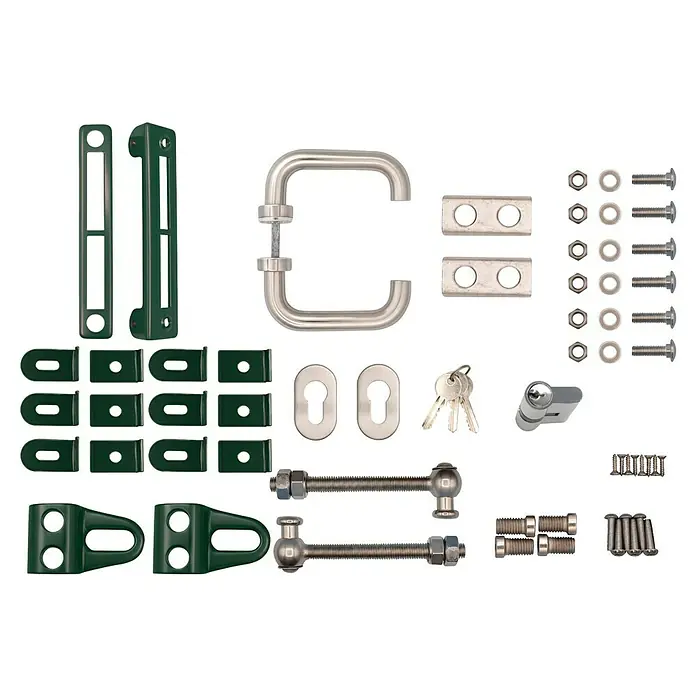 FA-Bausysteme Zauntor Industrietor - 1,2 x 1,2 m, Stahl, Moosgrün, 1-Flügel, Drahtstärke 8/6/8 mm - Ein Set mit Gartentorbeschlägen in Grün und Silber, inklusive Griff, Schloss und Befestigungsmaterial.