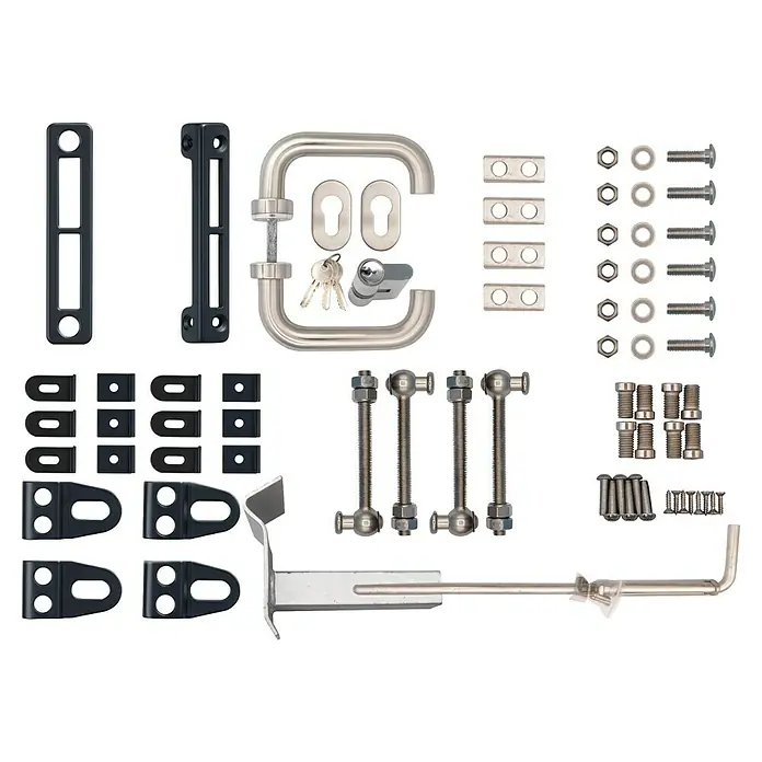 FA-Bausysteme Zauntor Industrietor - 3 x 1,2 m, Stahl, Anthrazit, 2-Flügel, Drahtstärke 8/6/8 mm - Abbildung eines Türschloss-Sets. Das Set beinhaltet Griffe, Schlüssel und diverse Befestigungselemente für die Türinstallation.