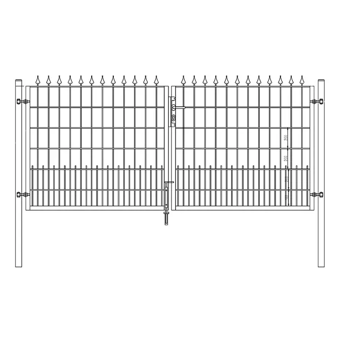 FA-Bausysteme Zauntor U20 Lilie - 300 x 80 cm, Anthrazit, Stahl - Darstellung eines schmiedeeisernen Tors mit dekorativen Spitzen. Das Tor hat ein komplexes Gittermuster und eine abschließbare Mittelsäule.