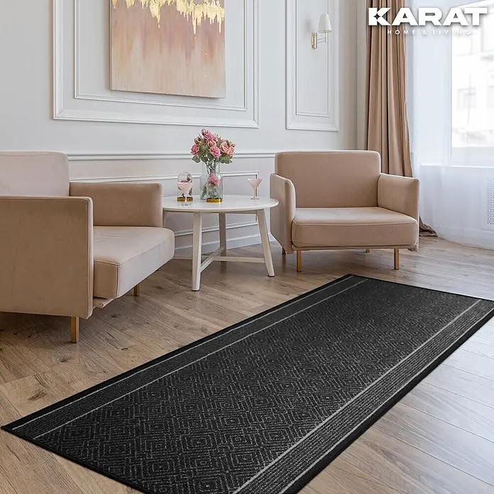 Teppichläufer Olymp - Anthrazit, 250 x 80 cm, 100 % Polyamid - Elegante schwarze Teppichbrücke mit geometrischem Muster, ideal für moderne Wohnräume. Verschönert jeden Flur oder Eingangsbereich stilvoll.