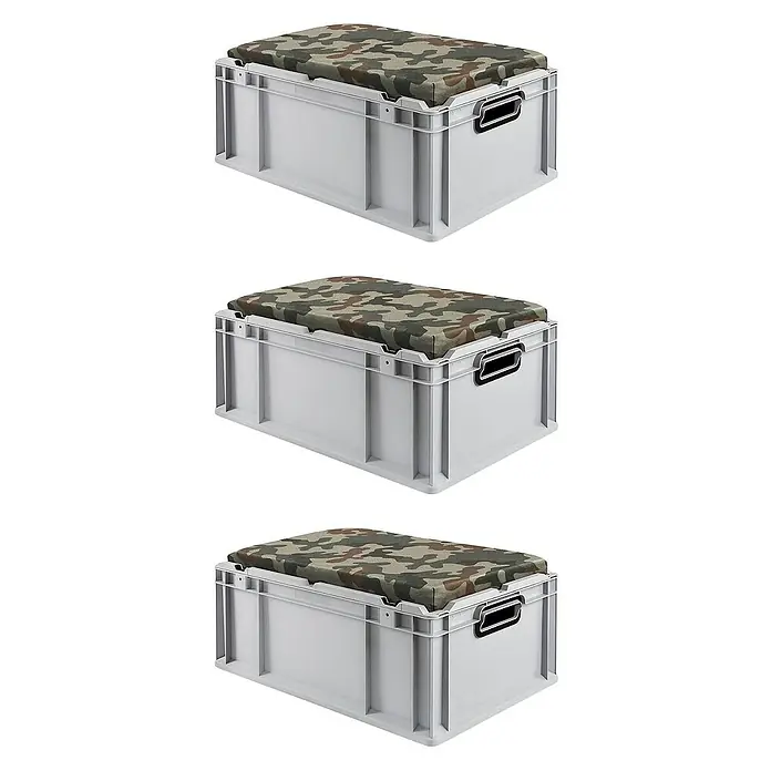 Proregal Euroboxen-Set 3x Eurobox NextGen Seat Box Camouflage - L x B x H: 60 x 40 x 26,5 cm, Kunststoff, Grau, Camouflage, 3 Stk. - Drei graue Aufbewahrungsboxen mit gepolsterten, tarnfarbenen Deckeln, ideal für Lagerung mit Komfort.