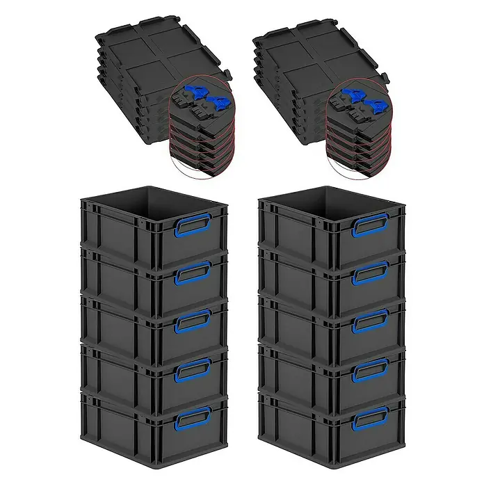 Proregal Euroboxen-Set 10x Eurobox NextGen Color mit Scharnierdeckel und Verschlüssen - L x B x H: 40 x 30 x 17 cm, Kunststoff, Schwarz, Blau, 10 Stk. - Stapel von schwarzen Kunststoffboxen mit blauen Griffen und Deckeln, ideal für Lagerung und Organisation.