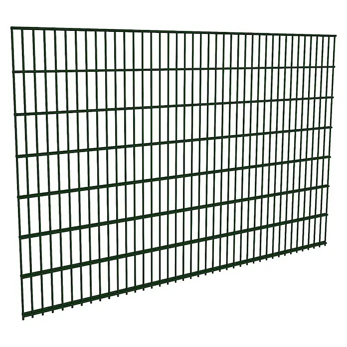 FA-Bausysteme Mattenzaun Basic 6/5/6 mm - 200,8 x 140 cm, Moosgrün - Nahaufnahme eines grünen Doppelstabmattenzauns, der Stabilität und Sicherheit bietet. Ideal für die Grundstückseinfriedung und den Schutz des Gartens.