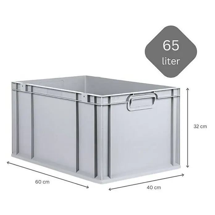 Proregal Euroboxen-Set 5x Eurobox NextGen Grip mit Scharnierdeckel und blauen Verschlüssen - Kunststoff, Grau, 5 Stk. - Abbildung einer grauen 65-Liter-Lagerbox aus Kunststoff mit Abmessungen von 60 x 40 x 32 cm, ideal für Lager- und Transportzwecke.