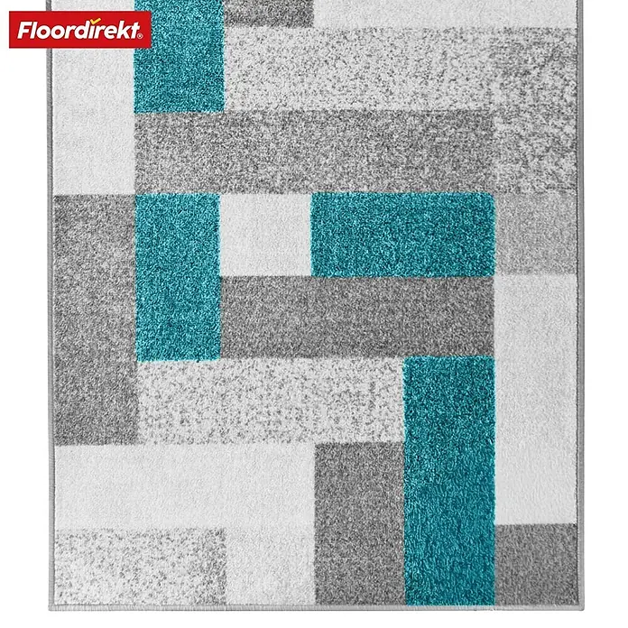 Teppichläufer New York - Türkis/Grau, 250 x 80 cm, 100 % Polyamid - Abstrakter Teppich mit geometrischen Formen in Grau, Weiß und Türkis, der dem Raum einen modernen Touch verleiht.