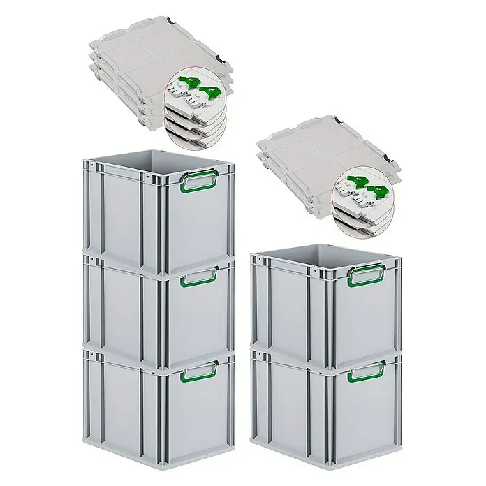 Proregal Euroboxen-Set 5x Eurobox NextGen Color mit Scharnierdeckel und Verschlüssen - Kunststoff, Grau, Grün, 5 Stk. - Bild von gestapelten grauen Euroboxen mit grünen Griffen und gestapelten Deckeln mit Drehriegelverschlüssen.