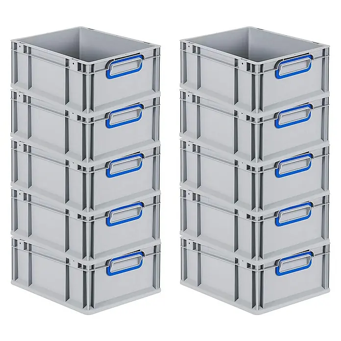 Proregal Euroboxen-Set 10x Eurobox NextGen Color - L x B x H: 40 x 30 x 17 cm, Kunststoff, Grau, Blau, 10 Stk. - Zwei Stapel grauer Kunststoffboxen mit blauen Griffen für Lagerung und Organisation im Haushalt, im Büro oder in der Industrie.
