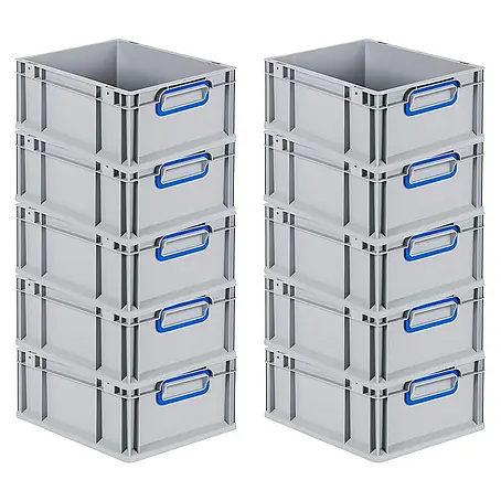 SuperSparSet 10x Eurobox NextGen Color | HxBxT 17x30x40cm | 16 Liter | Griffe blau geschlossen | Glatter Boden | Grau | Eurobehälter, Transportbox, Transportbehälter, Stapelbehälter
