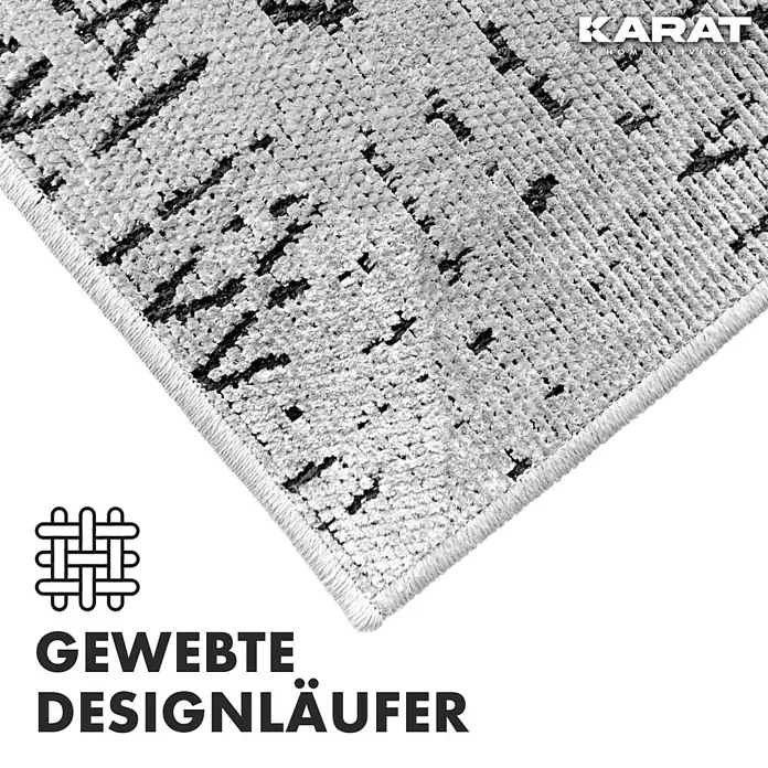 Teppichläufer Vena - Elfenbein, 100 x 80 cm, 65 % Baumwolle, 35 % Polyester - Nahaufnahme eines gewebten Designläufers von Karat mit abstraktem Muster und OEKO-TEX® Zertifikat.