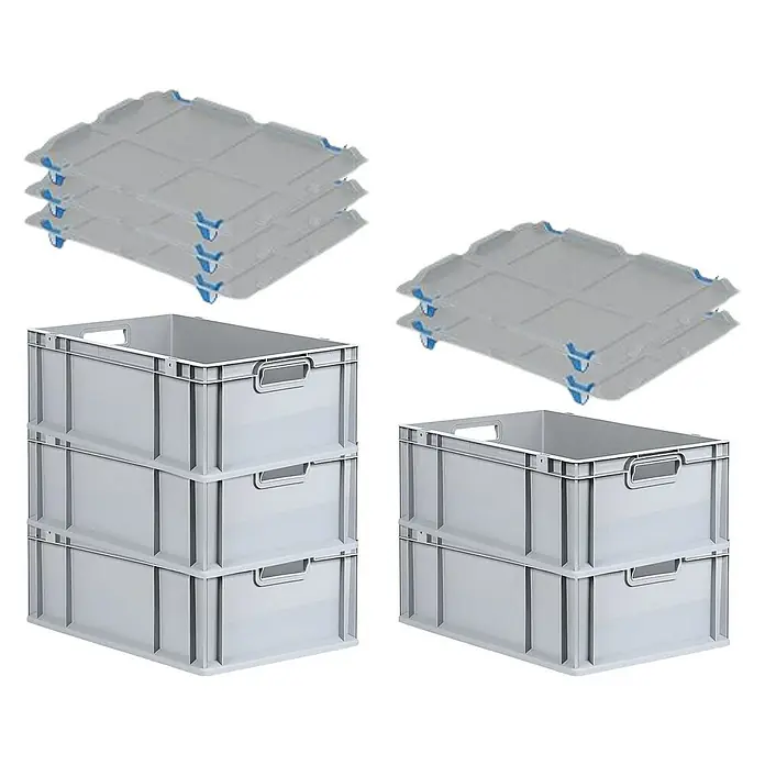 Proregal Euroboxen-Set 5x Eurobox NextGen Economy mit Auflagedeckel und 4x Verschlüsse Blau - L x B x H: 60 x 40 x 22 cm, Kunststoff, Grau, 5 Stk. - Drei graue Kunststoffboxen sind gestapelt, daneben zwei, mit den dazugehörigen Deckeln obenauf, die alle für Lagerzwecke geeignet sind.
