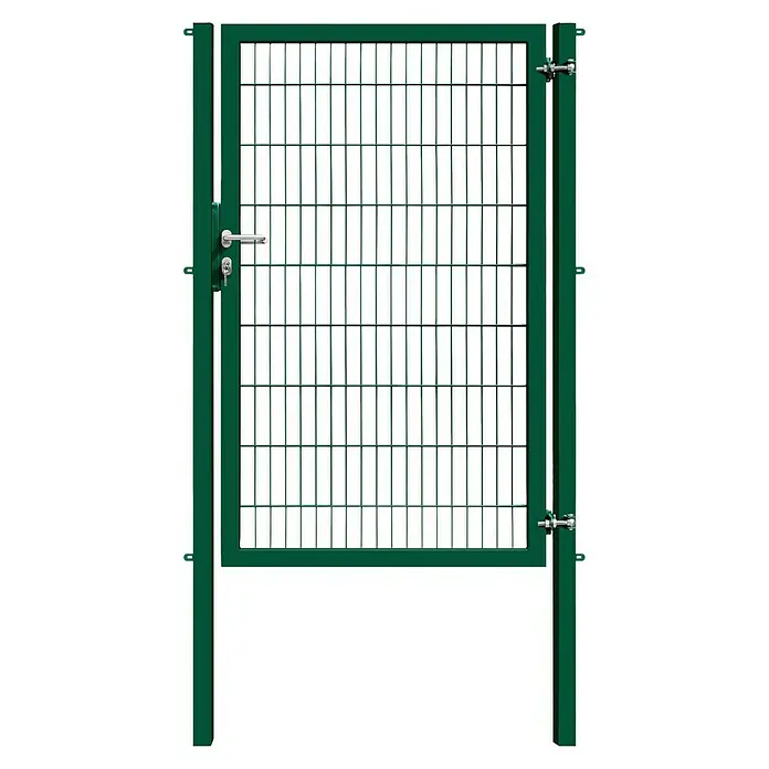 FA-Bausysteme Zauntor Industrietor - 1,2 x 1,8 m, Stahl, Moosgrün, 1-Flügel, Drahtstärke 6/5/6 mm - Das Bild zeigt ein grünes, rechteckiges Gittertor mit abschließbarem Griff und Gittern. Das Tor ist ein funktionales Element.