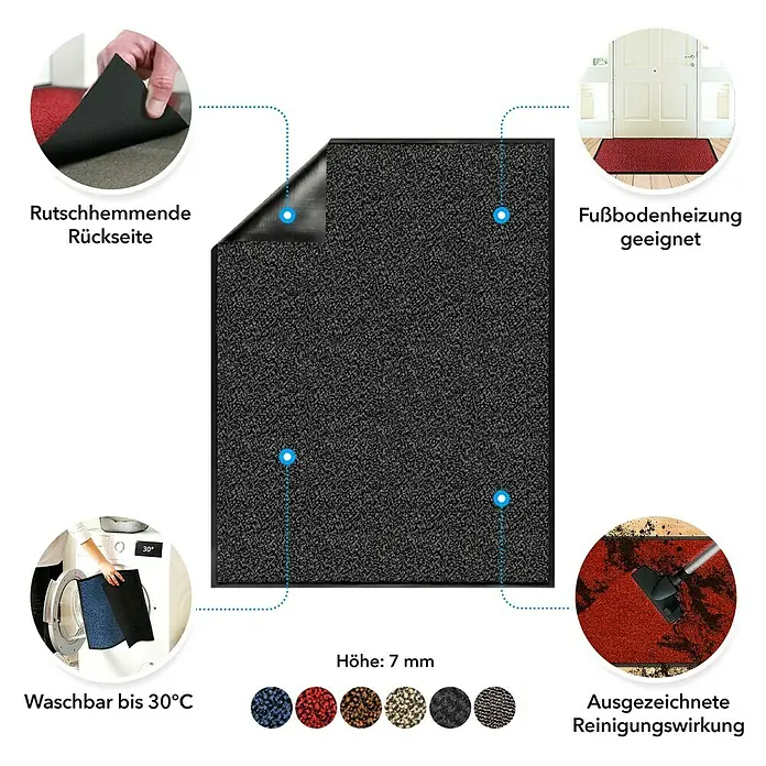 Fußmatte Sky - Rot, 600 x 120 cm, 100 % Polypropylen - Produktabbildung einer Fußmatte mit rutschhemmender Rückseite, geeignet für Fußbodenheizung, waschbar bis 30°C und mit guter Reinigungswirkung.