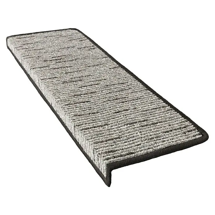 Stufenmatte Geneva - 65 x 23,5 cm, Anthrazit, Rechteck - Nahaufnahme eines grauen Teppichs für Treppenstufen mit dunkler Bordüre, ideal für mehr Sicherheit und Komfort im Haus.