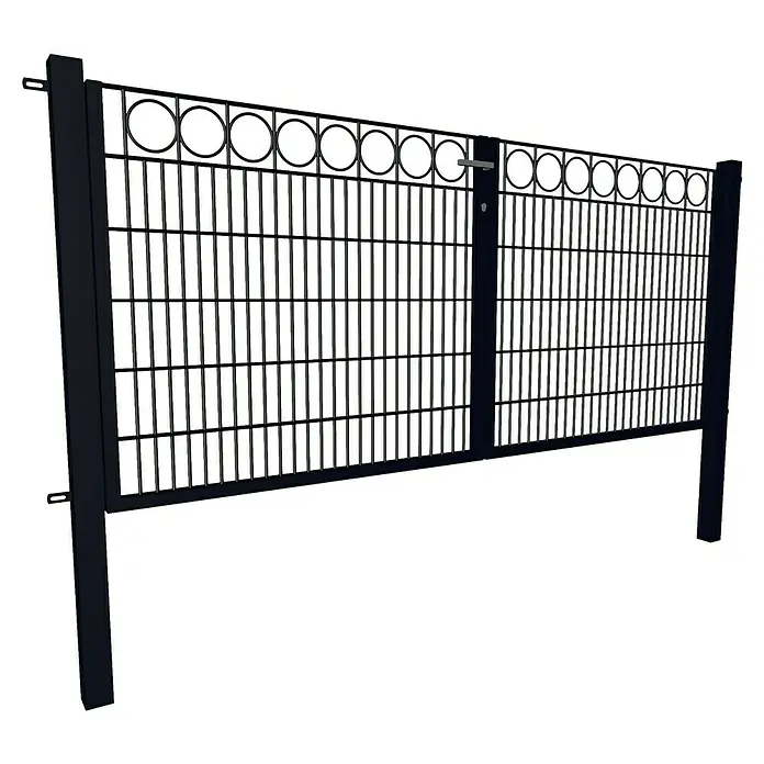 FA-Bausysteme Mattenzaun Schmuckzaun Ring 6/5/6 mm - 200,8 x 83 cm, Anthrazit - Ein dunkler Metallzaun mit einem Tor und dekorativen Kreisen oben, ideal zur Grundstücksbegrenzung.