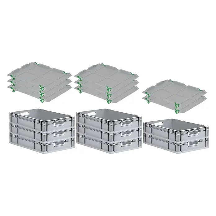 Proregal Euroboxen-Set 8x Eurobox NextGen Economy mit Auflagedeckel und 4x Verschlüsse Grün - L x B x H: 60 x 40 x 12 cm, Kunststoff, Grau, 8 Stk. - Gestapelte graue Kunststoffboxen und Deckel mit grünen Verschlüssen, ideal für Lagerung und Transport.