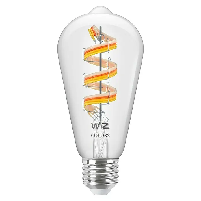 Philips Wiz Smart-LED-Lampe - E27, Dimmbar, RGBW, 470 lm, 6,3 W, 1 Stk., ST64 - Abbildung einer dekorativen WiZ Colors LED-Lampe im Vintage-Stil mit farbiger Wendel und E27-Sockel für stimmungsvolle Beleuchtung.