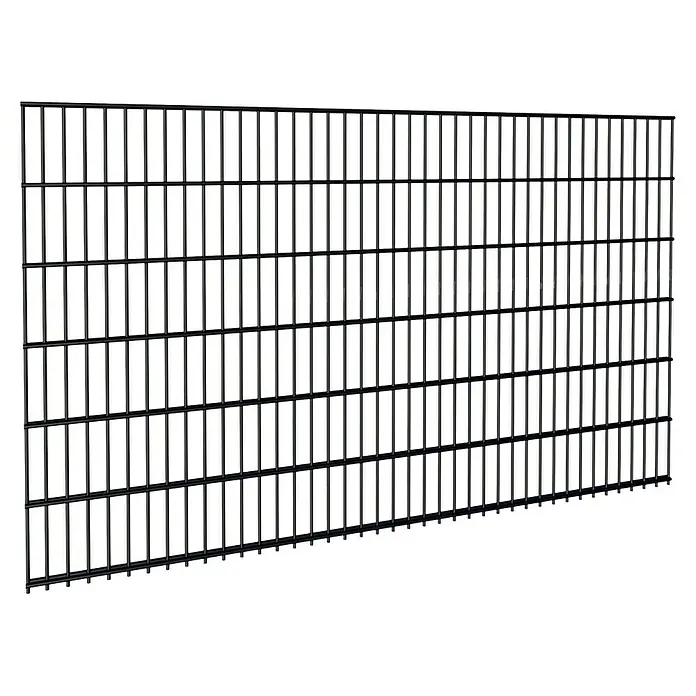 FA-Bausysteme Mattenzaun Basic 6/5/6 mm - 200,8 x 120 cm, Anthrazit - Nahaufnahme eines schwarzen Doppelstabmattenzauns vor dunklem Hintergrund, ideal für die Darstellung von Sicherheit und Abgrenzung.