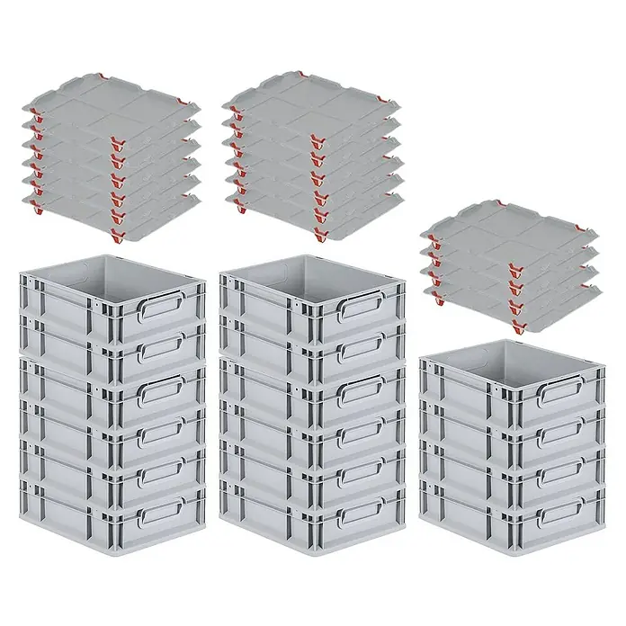 Proregal Euroboxen-Set 16x Eurobox NextGen Grip mit Auflagedeckel inkl. 4 roten Verschlüssen - L x B x H: 40 x 30 x 12 cm, Kunststoff, Grau, 16 Stk. - Bild von stapelbaren grauen Aufbewahrungsboxen mit passenden Deckeln, ideal zur Lagerung und Organisation.