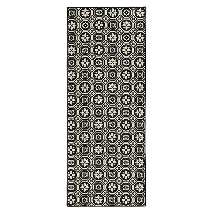 Teppichläufer Asaph - Schwarz/Weiß, 200 x 80 cm, 100 % Polyamid - Teppichläufer mit einem schwarz-weißen floralen und geometrischen Muster für einen stilvollen Akzent in jedem Raum. Robust und elegant.
