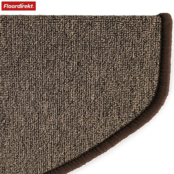 Stufenmatte London - 65 x 25 cm, Dunkelbraun, Halbrund - Detailaufnahme einer braunen, halbkreisförmigen Fußmatte mit braunem Rand und OEKO-TEX®-Siegel.